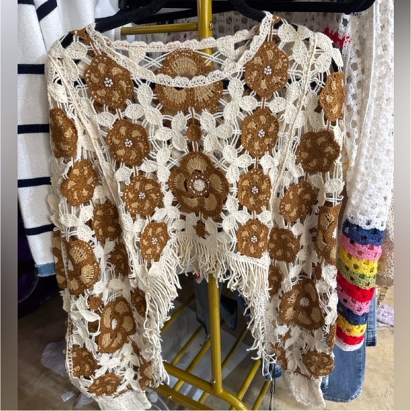 Boho crochet poncho style sweater top,with pearls. - Picture 2 of 3
